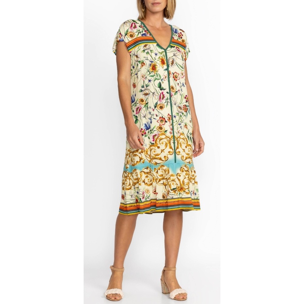 Johnny Was Felix Trapeze Midi Dress Floral Medium SS V-Neck Stretch Bamboo Blend - Picture 3 of 16